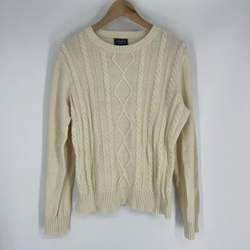 Chaps Classics Sweater Size XL Womens Ivory Cotton Cable Knit Fisherman Crewneck